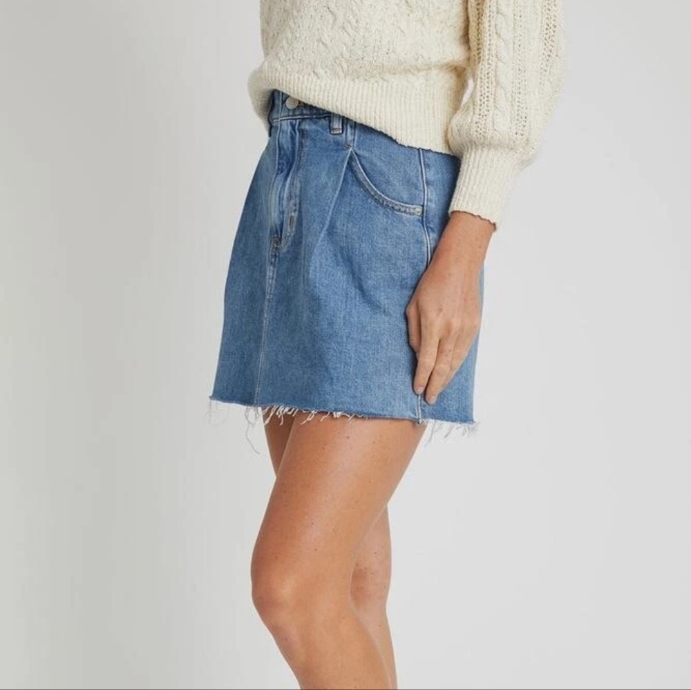 Free People Pleated Raw Hem Cosmico Flirt Denim Mini Skirt Jean Skirt 80's 90's - Picture 2 of 8